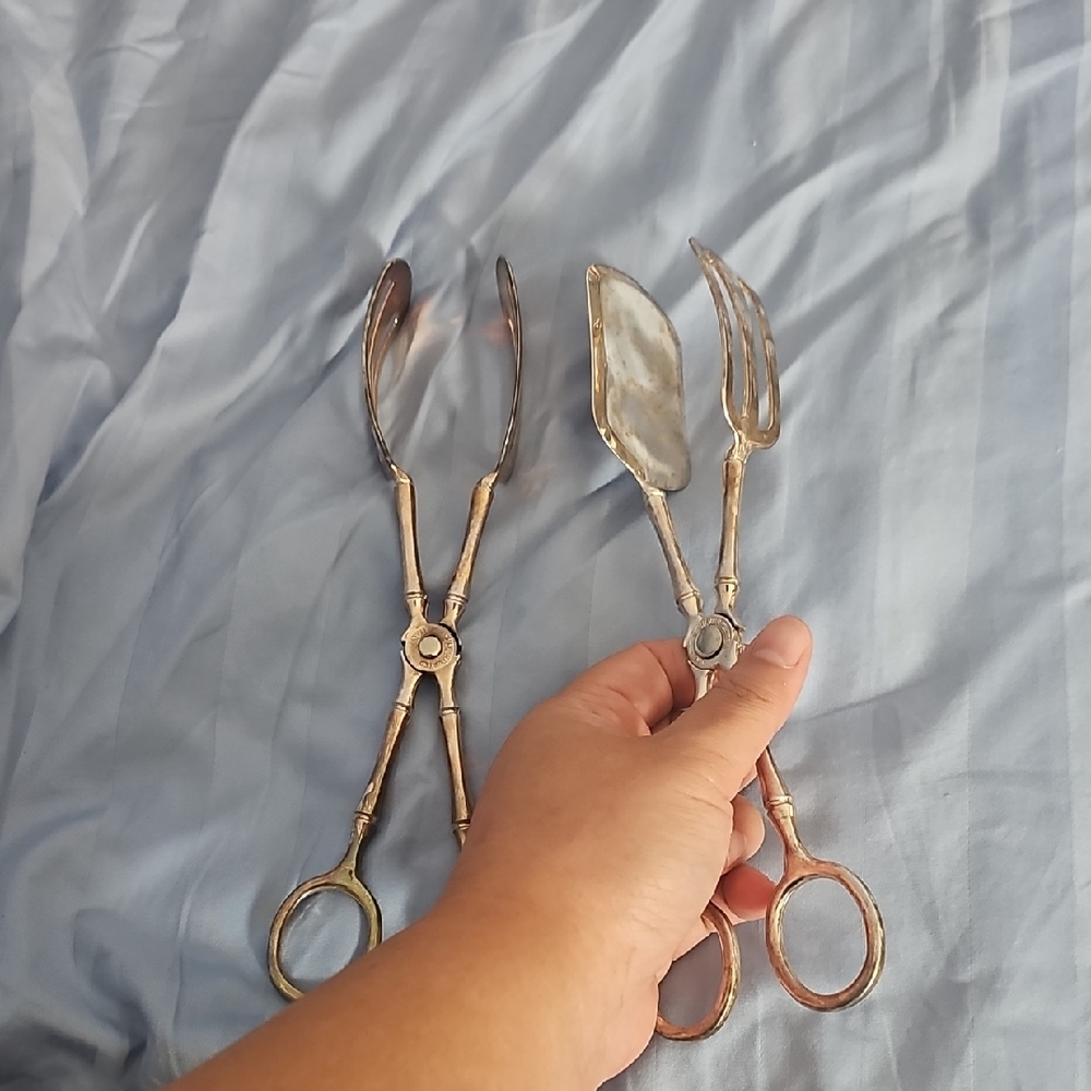 Vintage MADE IN ITALY BY DESIGNER EP ZINC ALLOY Silverplated Serving Tongs Set